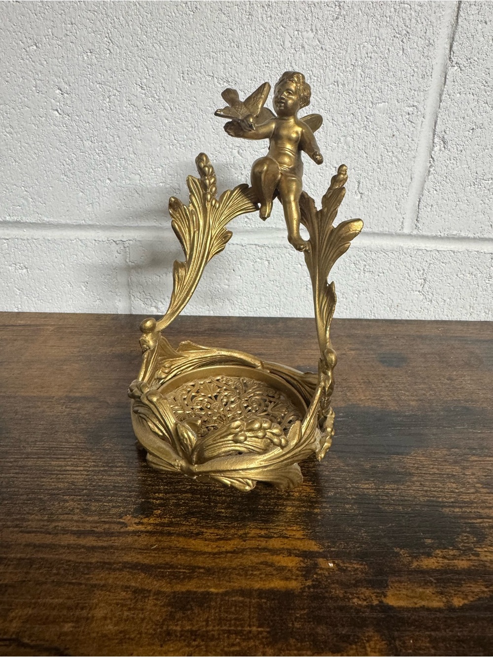 Antique art nouveau ormolu bronze Cupid with bird Cupid stand